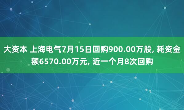 大资本 上海电气7月15日回购900.00万股, 耗资金额6570.00万元, 近一个月8次回购